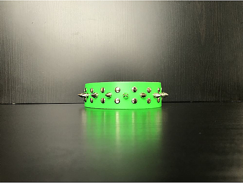 Fluorescent Green/1 Spike Studs - Leather Dog Collar - Size S